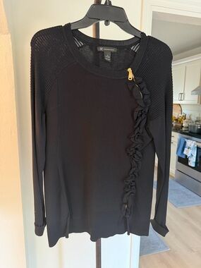 INC International Concepts Black Ruffle Zip Sweater Gold Zipper Knit Top Size M